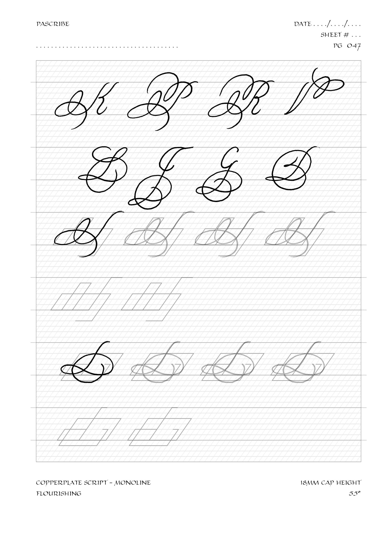 PAScribe - Copperplate Script - Worksheets & Grids - Monoline